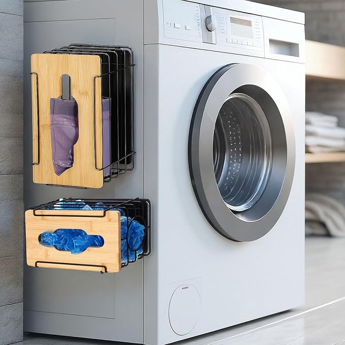 2 Pack Magnetic Trash Bag Holder Basket Garbage Bag Magnetic Dispenser Roll Holder with Bamboo Lid Kitchen Laundry Organizers and Storage Container for Laundry Room Kitchen