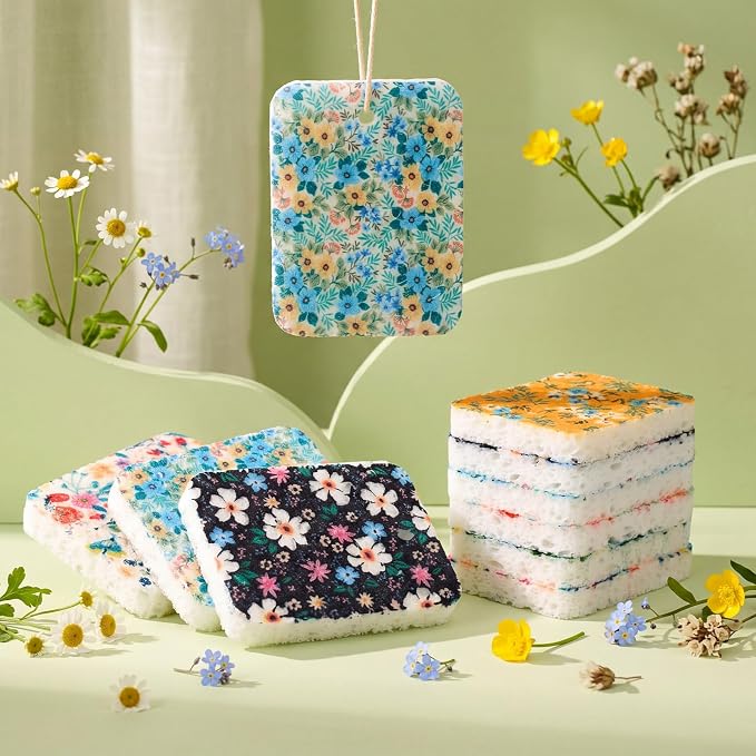 Hahafelt 36 Counts Compressed Cellulose Sponges Bulk Craft Pop up Floral Pattern Natural Kitchen Compostable Non Scratch Dish Sponges for Washing Dishes, Cleaning Countertop Sink