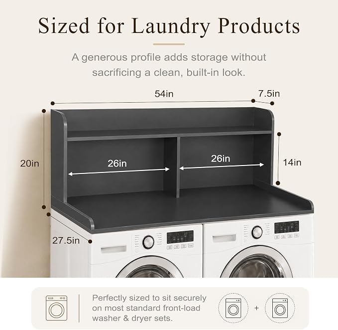 Royxen Laundry Countertop with 20“ Shelf Universal Fit, Washer and Dryer Countertop with Storage Space, Black
