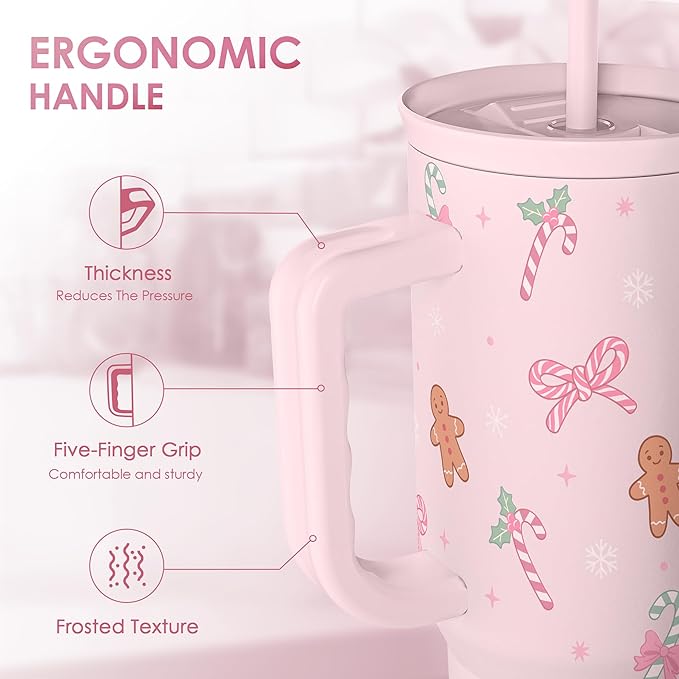 SANDJEST Christmas Theme 40oz Slider Tumbler with Handle and Straw - Insulated Stainless Steel Travel Coffee Mug for Women Girls, Gift for Birthday Xmas