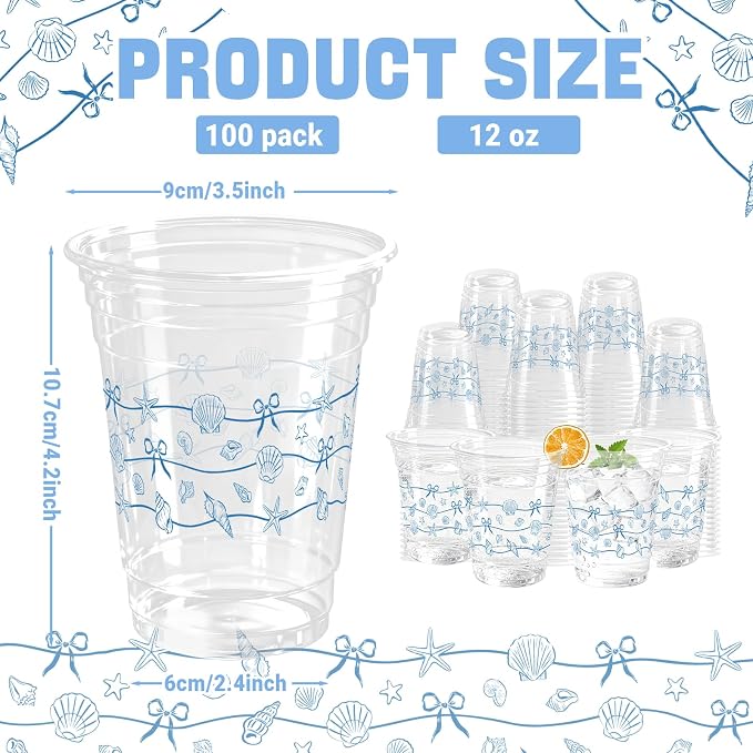 100 Pack Ocean Plastic Cups 12 oz Blue Starfish Seashell Bow Disposable Cup Clear Under The Sea Drinking Cold Beverage Cup for Summer Beach Party Supplies