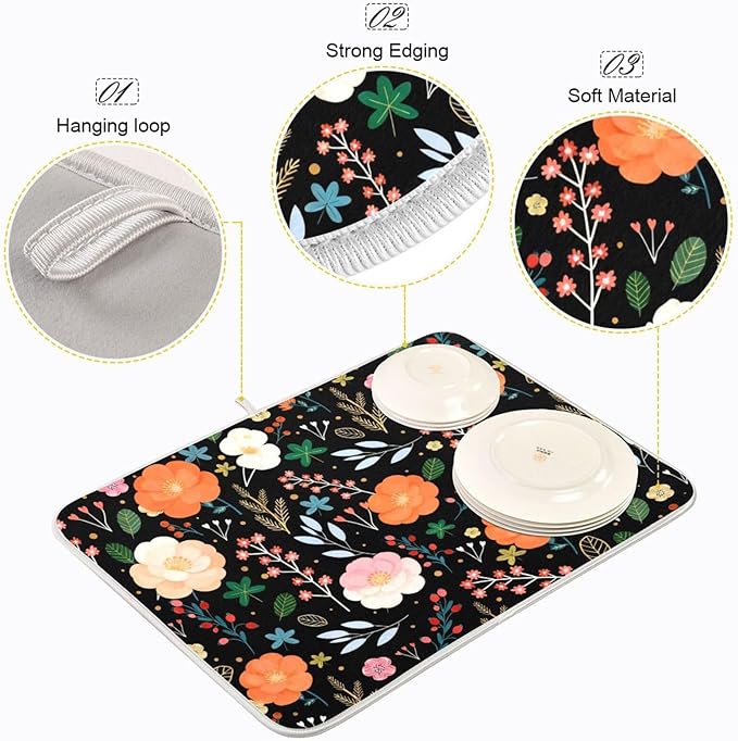 Dish Drying Mat for Kitchen Counter Colorful Flowers Black Absorbent Drying Matt for Dishes Sink Countertop 16'' x 18''