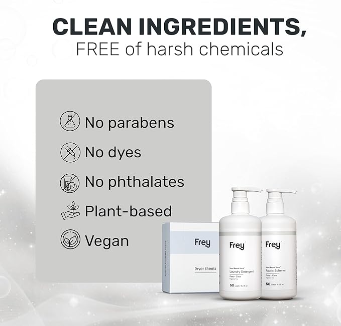 FREY The Complete Package - Concentrated Liquid Laundry Detergent, Fabric Softener, & Dryer Sheets (Fragrance-Free)