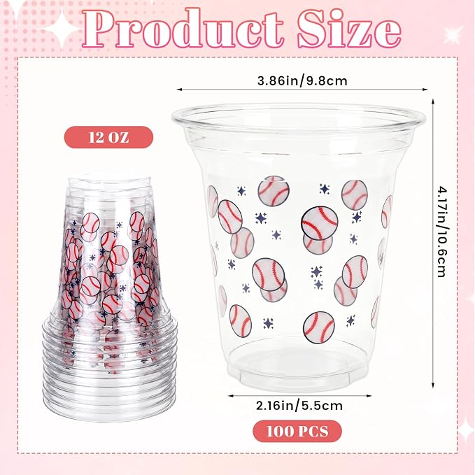 100 Pack 12 oz Baseball Cups, Baseball Party Decorations, Disposable Clear Plastic Baseball Cup, Baseball Themed Party Supplies for Birthday Sports Team Events Holiday Gatherings