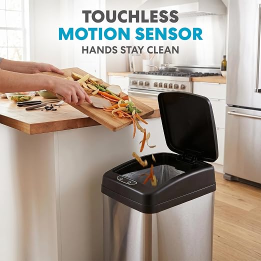 SIMPLI-Magic 12 Gallon / 45 Liter Square Kitchen Stainless Steel Sensor Trash Can, Touchless Automatic Kitchen Garbage Bin with Soft-Close Lid