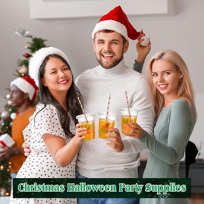 Yaomiao 300 Pcs 12 oz Christmas in July Plastic Cups with Lids and Straw Christmas Plastic Cups Merry Christmas Disposable Clear Cups Xmas Cups Holiday Cups for Beer Coffee Snacks Party