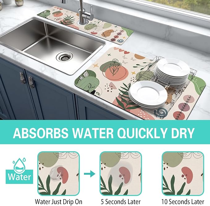 Dish Drying Mat for Kitchen Counter Matt, 2PCS 24"x18" Dish Drainer Mat & 24"x5.5" Sink Splash Guard, Super Absorbent Non-slip Rubber Backed