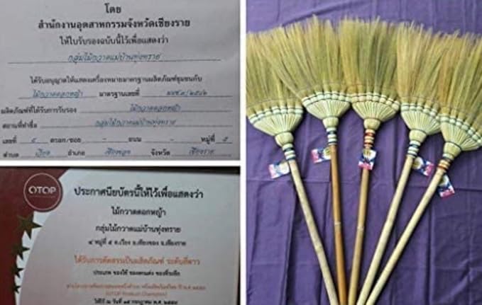 Asian Natural Grass Handmade Broom 38-40 inch Vintage Retro Style Housewarming Gift, Witch Broom, Thai Broom, Broomstick Bamboo Stick Handle, Kong Grass Broom, Durable Broom for Indoor & Outdoor