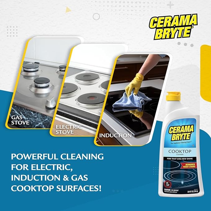 Cerama Bryte Complete Cooktop Cleaning Kit, 10 Cleaner Pads, 1 POW-R Grip Tool, 1 Scraper, and 1 Microfiber Cloth, 28 Fl Oz
