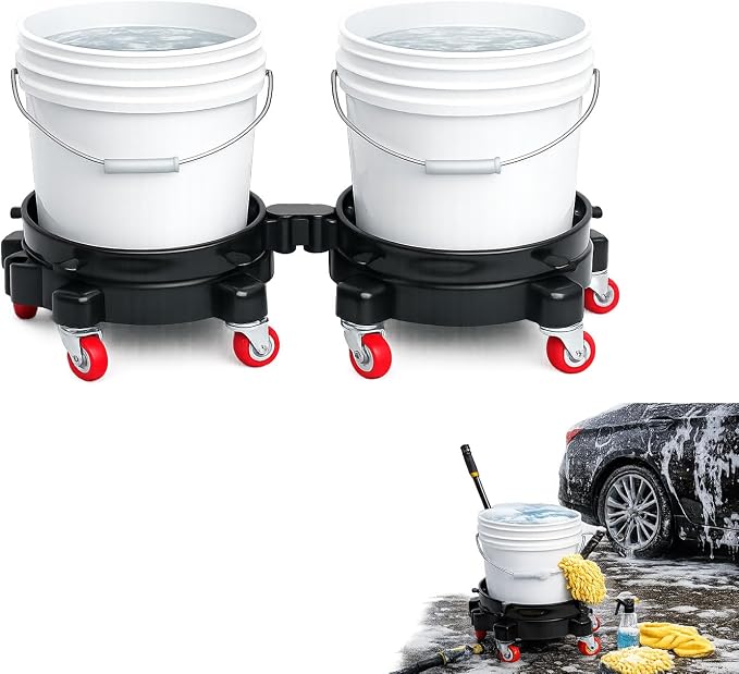 2 Pack 11.5" Bucket Wheels Base for 5-Gallon Buckets with Connector, Rolling Bucket Dolly Set, Easy Assembly for Two-Bucket Wash System, Car Wash, Construction & Garage Use, Black