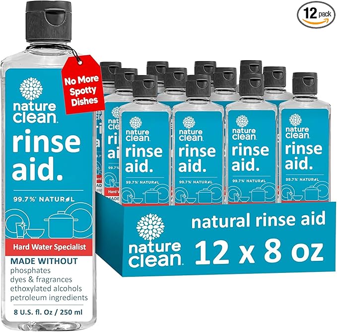 Nature Clean Dishwasher Rinse Aid Liquid, Non Toxic Natural Formula, Spot Free Shine for Glasses & Dishes, Hard Water Stain Remover, Dishwasher Drying Agent, 8 oz/250 ml Pack of 12