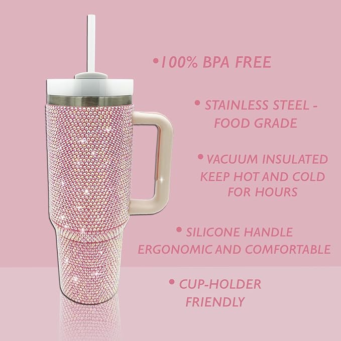 40oz Bling Tumbler with Handle and Straw Lid Rhinestone Studded Tumbler Cups Vacuum Insulated Stainless Steel Double Wall Water Bottle Travel Mug Gifts for Women Her (Light Rose)