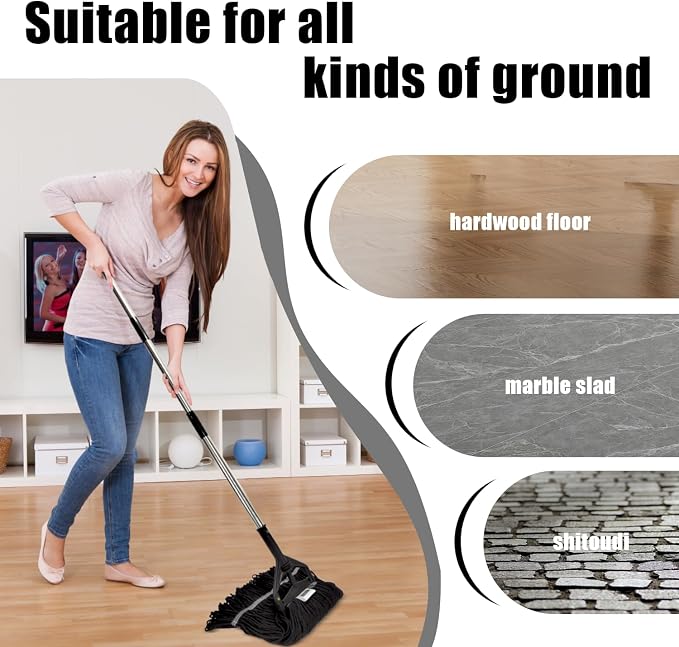 Commercial Cotton Mop Heavy-Duty Industrial with 2 Replacement Heads 152 cm Handle Replacement mop Head (Black)
