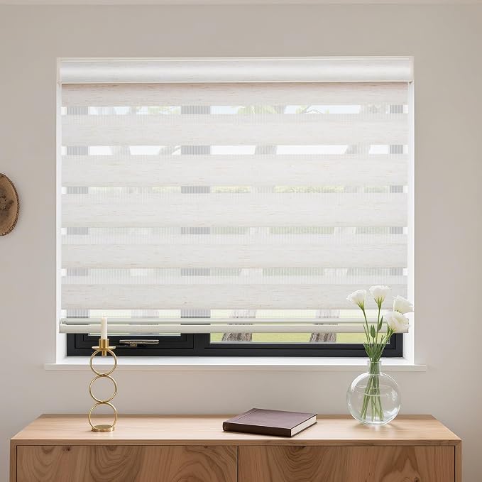 MYshade Cordless Zebra Blinds with Free-Stop Function - Dual Layer Light Filtering & Privacy Sheer Shades for Day and Night - Easy Install Window Shades for Home, Living Room, 38" W x 64" H,Beige