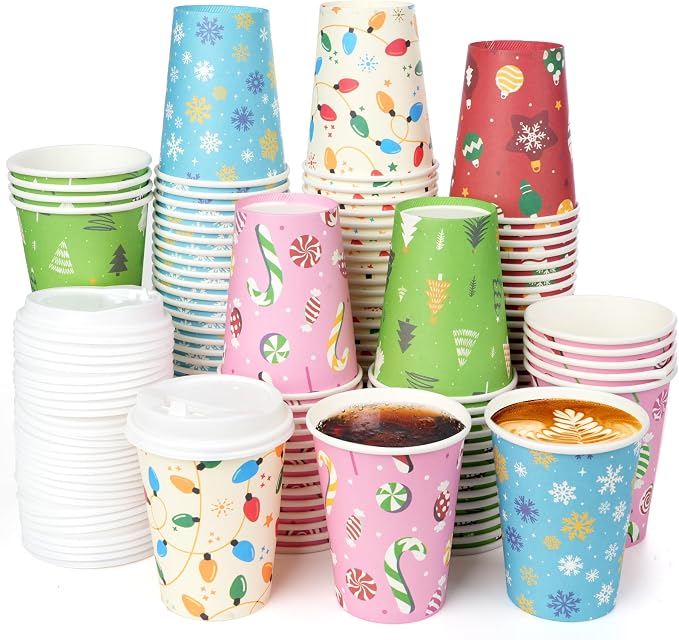 100 Set Christmas Coffee Paper Cups with Lids 12oz, Bulk Disposable Colorful Party Cups, 5 Styles Xmas Holiday Cups for Hot Chocolate Cold Drinks Christmas New Year Winter Party Supplies Decorations