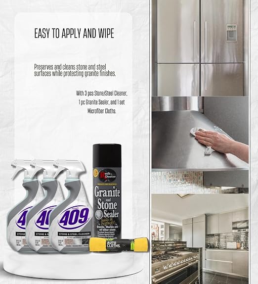 3x Formula 409 Multi-Surface Cleaner 32 oz Spray + Granite Sealer Bundle with Microfiber Towel – Cleans, Seals & Protects Stone and Steel Surfaces – Gift Set (5 Items)