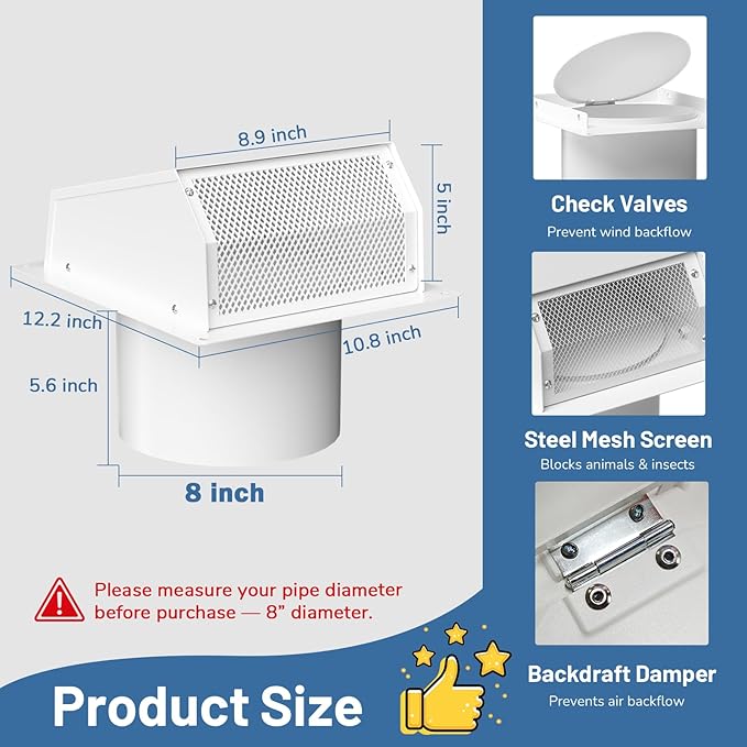 8 Inch Dryer Vent Cover Outside, Galvanized Steel Exterior Hooded Wall Vent Cover with Removable Screen & Cushioned Backdraft Flap, Exhaust Vent for House Through-Wall Dryer Vent Kit (White - 8 Inch)