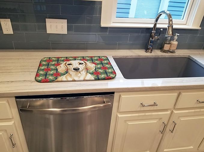 Caroline's Treasures Cream Dachshund Christmas PoinsettIas Dish Drying Mat Absorbent Dish Drying Mat Pad for Kitchen Counter Dish Drainer Mat for Countertop, 14 x 21", Multicolor