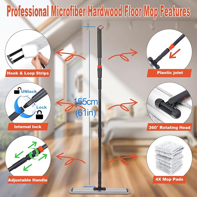 24in Flat Mop for Cleaning Floors, Heavy-Duty Microfiber Wet Mop with Easy Wringing & Deep Cleaning, Includes 4 Reusable Mop Cloths and Adjustable Long Handle