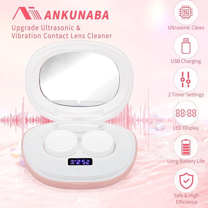 Contact Lens Cleaner, Portable Ultrasonic Contact Lens Cleaning Machine with USB Charger, LED Timer Display & 5 Contacts Solution Cases Kit for Soft Hard Colored RGP Lenses (Pink)