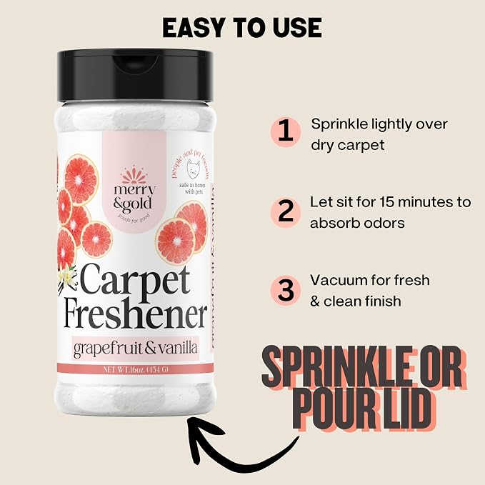 Merry & Gold Carpet Deodorizer & Freshener Powder | 16 oz (2 Pack) Grapefruit + Vanilla | Pet Odor Eliminator for Strong Odors & Pet Urine | Safe for Homes with Pets | Made in USA