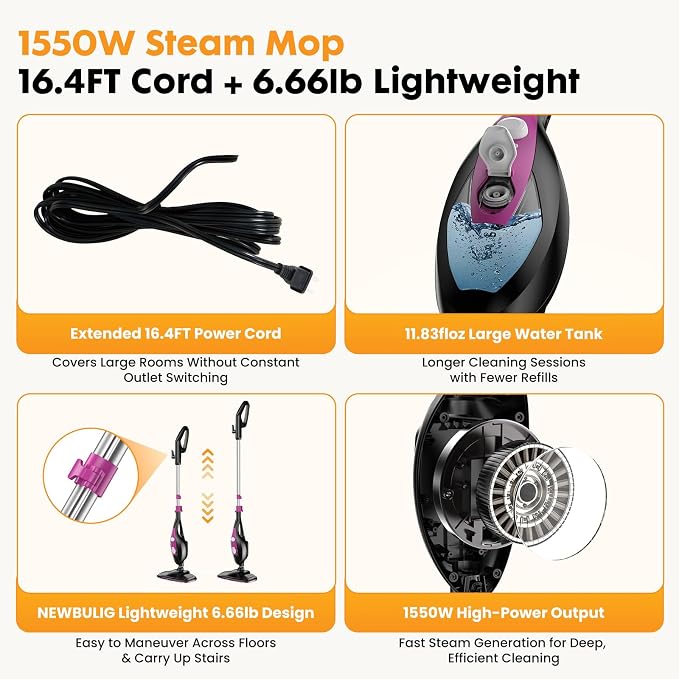 14-in-1 Steam Mop, 1550W Detachable Handheld Steam Cleaner for Floor Cleaning, 16.4 FT Cord, 2 Washable Pads, Multi-Purpose Floor Steamer for Hardwood, Carpet, Tile, Grout