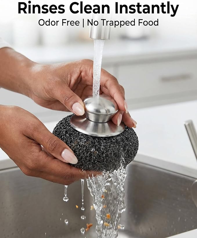 6 Pack Stainless Steel Wool Scrubber Set- Heavy Duty Metal Sponge Scouring Pad for Cast Iron Skillet, Grill & Pots -Include Short & Long Handle & Brush & 3 Pads,Kitchen Dish Scrubber