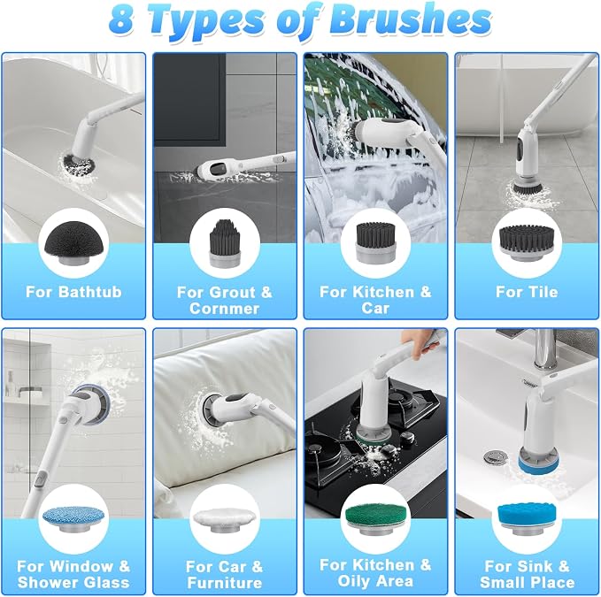 Electric Spin Scrubber, Cordless Shower Scrubber with Adjustable Long Handle, 3 Speeds with IPX7 Bathroom Scrubber, 8 Brush Heads, Electric Cleaning Brush for Bathroom/Kitchen/Bathtub/Crack/Floor/Tile