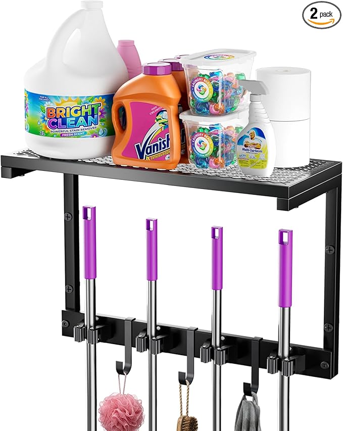 Heavy Duty Broom Holder Wall Mount with Cleaning Supplies Organizer, Space-Saving Laundry Room Organization and Storage Shelves, All-Metal Mop Hanger Broom Rack with Hooks, Garage Organizer Shelf