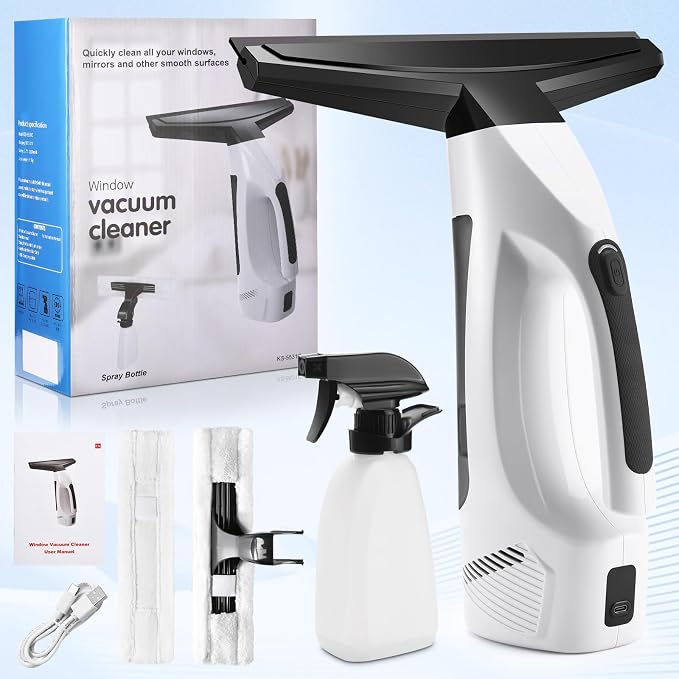 Window Vacuum Squeegee Cordless, Handheld Window Vac with Multi-Purpose Spray Bottle & Microfiber Cloth, Electric Cleaning Tool for Windows, Mirror, Countertop
