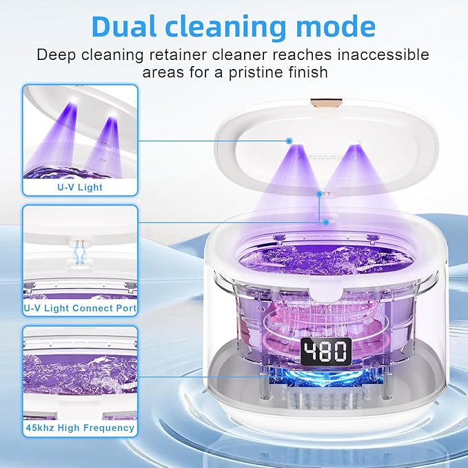Ultrasonic Retainer Cleaner, Sonic Dental Cleaning Pod, Portable 30W/45kHz Machine for Dentures, Aligners, Braces, Mouth Guards, Jewelry, for All Dental Appliances (White)