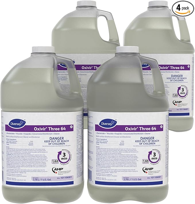 Diversey 101106001 Oxivir Three 64 Liquid Disinfectant Powered by Accelerated Hydrogen Peroxide (AHP), Unscented, Concentrate, 1-Gallon (Pack of 4)
