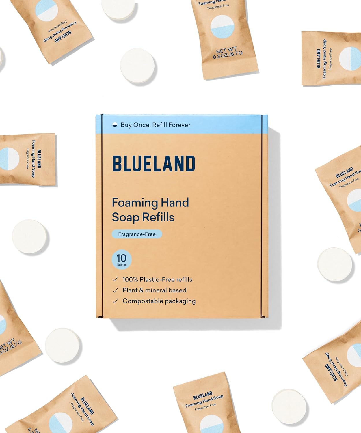 BLUELAND Foaming Hand Soap Refill Tablets, 10-Pack, Fragrance Free, Eco Friendly Cleaning Products, 10 x 9 Fl oz