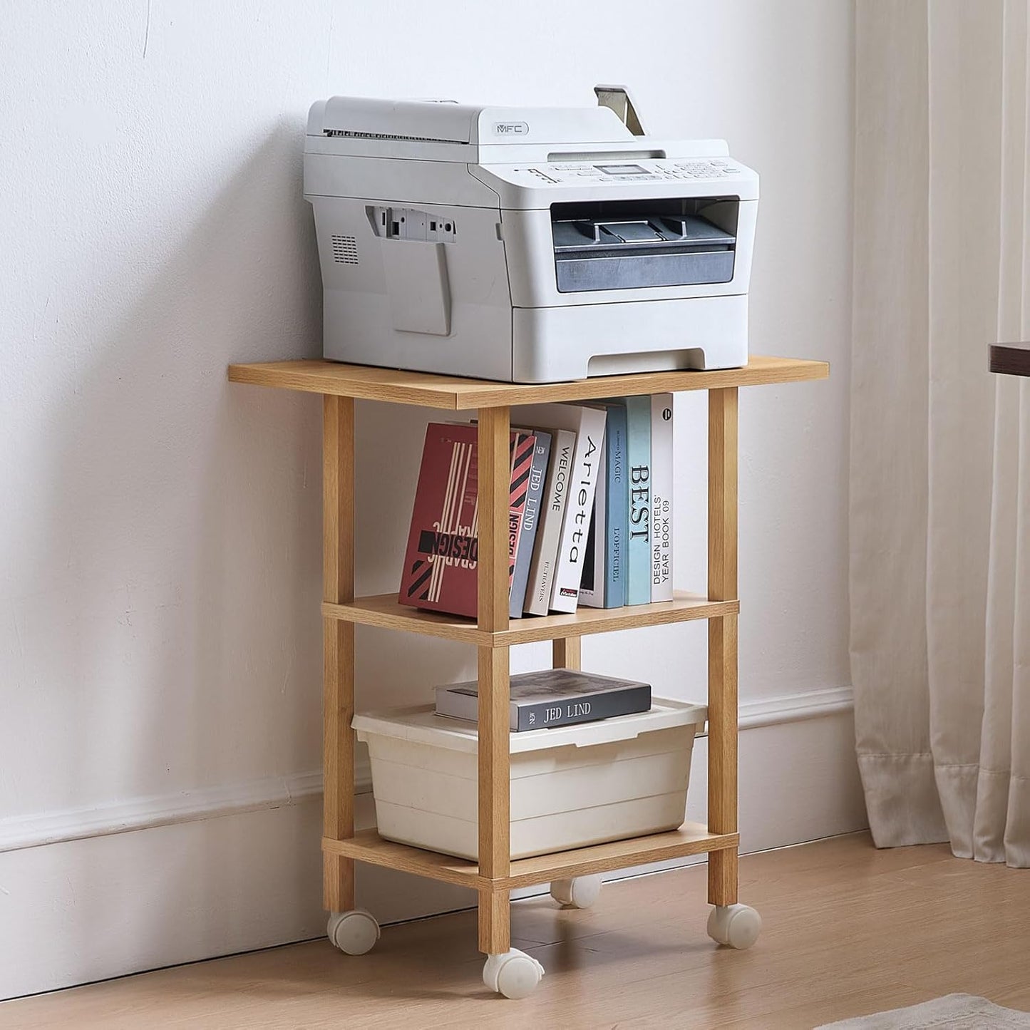 Lerliuo 3 Tier Printer Stand with Storage, Printer Table for Home Office, Wooden Rolling Printer Cart Shelf with Lockable Wheels fit Fax Machine, Scanner(Natural)