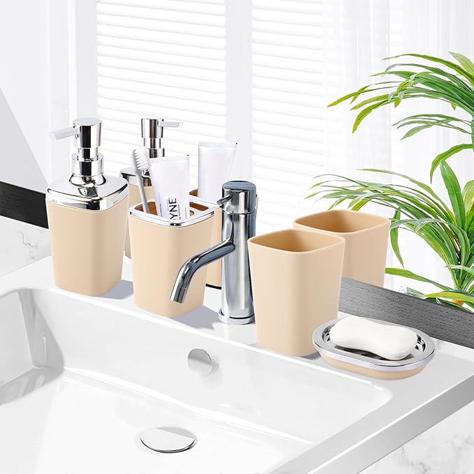 XLHOMO Beige Bathroom Set, Plastic 9-Piece Bathroom Set with Trash Can, Soap Dispenser, Toothbrush Holder, Toothbrush Cup, Soap Dish, Toilet Brush, Tray and Q-tip Holders for Bathroom/Housewarming