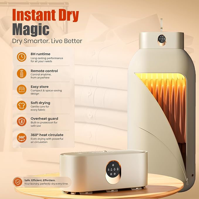 Portable Clothes Dryer, Folding Travel Dryer for Up to 12 Clothes | Includes Portable dryer for clothes, remote control, compact foldable design, ideal for apartments RV hotels & travel
