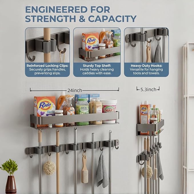 Wall Mount Organizer with Heavy-Duty Hooks and Sturdy Shelf - Holds Brooms, Mops, Vacuums & Cleaning Supplies. Perfect for Laundry Room Organization, Garage Storage, and Closet Shelving（24 inches）