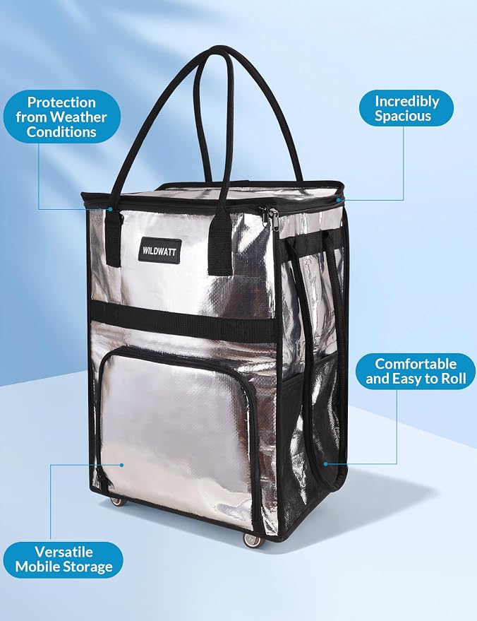 Reusable Rolling Shopping Bag with 5 Wheels, Foldable Grocery Cart Tote with Zipper, Lightweight Heavy-Duty Carry Bag Holds up to 66 lbs for Groceries, Laundry, Camping, Moving, Silver