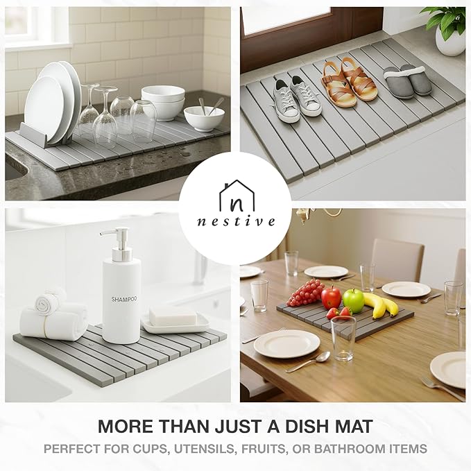 Large Stone Drying Mat for Kitchen Counter | 24"x16" | Fast Drying Collapsible Diatomaceous-Earth Mat | Super Absorbent Folding Mat for Dishes, Bottles, Glass, Heat-Resistant, Non-Slip (Light Gray)