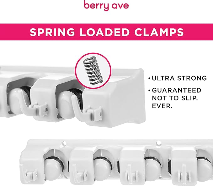Berry Ave Broom Holder White (1 Pack) and Drawer Dividers Organizer, 4" High, Expandable from 11"-17" (4-Pack)