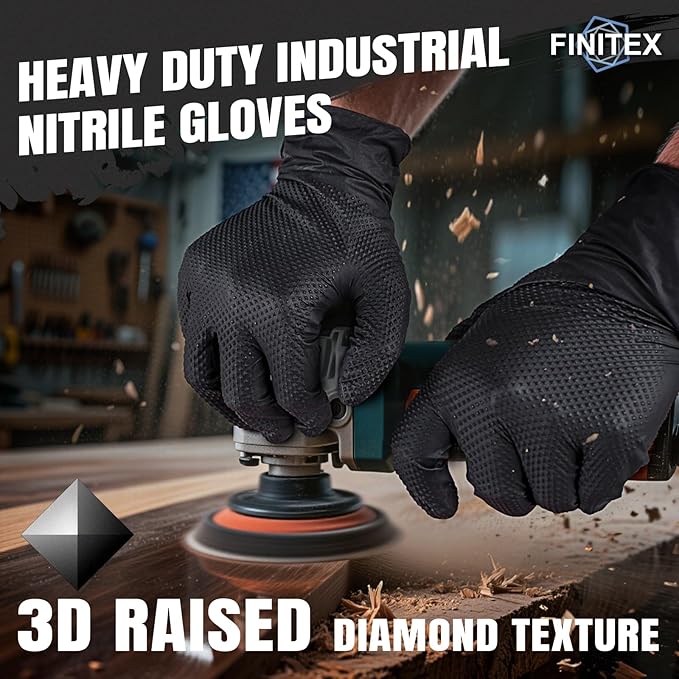 FINITEX Industrial Diamond Texture Nitrile Black Glove - 100/1000PCS Chemical Resistant 6.3mil Mechanic Disposable Gloves