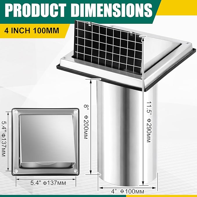 4 Inch Dryer Vent Cover Outside with Stainless Steel Guard Outdoor Wall Dryer Exhaust Vent Cover Shroud Hood Cushioned Non Return Flap with Sealing Gasket(square, with Extension Tube)