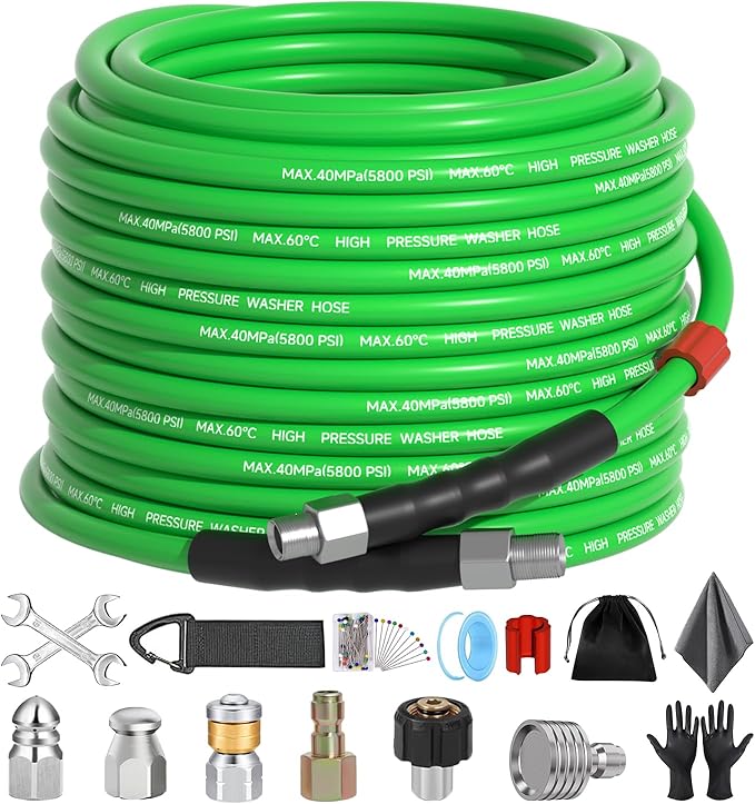 Sewer Jetter Kit for Pressure Washer 50 FT，Drain Cleaner Hose 1/4 Inch NPT Corner with Pressure Washer Tips, Button Nose and Rotating Sewer Jetting Nozzle, Spanner Teflon Tape Pearl Corsage Pin