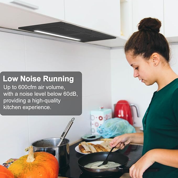 JOEAONZ Range Hood Insert 30 inch, 600 CFM Built-in Kitchen Exhaust Fan Matte Black Stainless Steel, Long Led Light Push Button Vent Hood with Baffle Filter, Kitchen Hood Ducted/Ductless Convertible