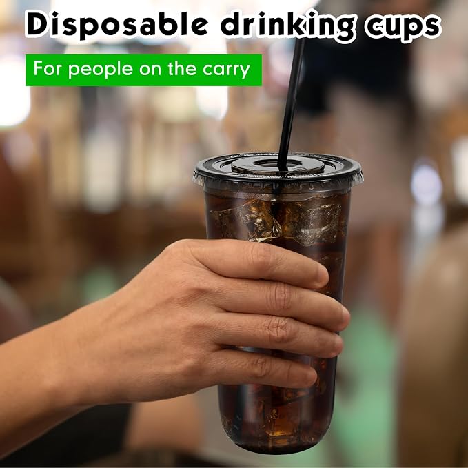Ziliny 50 Set Black Plastic Cups with Lids and Straws, Disposable Iced Coffee PET Cups for Drinking Cold Beverage Juice Parfait Smoothie Milkshake Coffee Shops Party Supplies (20 oz)