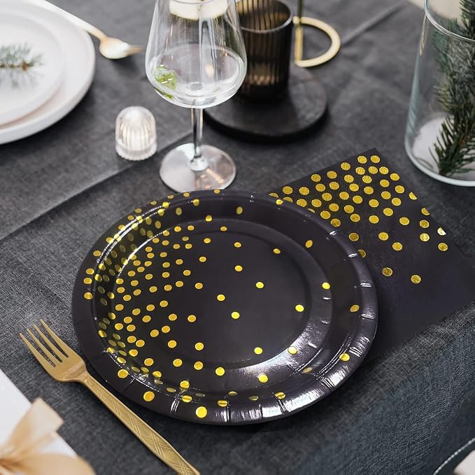 150 PCS Black and Gold Paper Plates Napkins Forks Party Supplies Serves 50, Golden Dot Disposable Paper Dinnerware 9" Plates for Birthday, New Years Eve, Graduation, Retirement Party