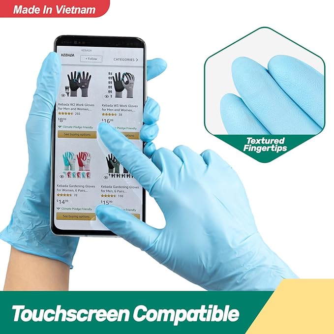 Kebada Nitrile Gloves D1, Nitrile Disposable Gloves for Cleaning, Food Prep, Industrial Grade, Non-Sterile, Food Safe, Powder & Latex Free, Touchscreen, Blue, 1000 CT, Large (Made in Vietnam)