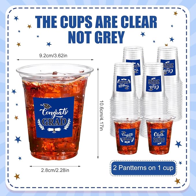Amyhill 60 Pack 12oz Graduation Cups 2026 Graduation Decorations Disposable Plastic Cups Sturdy&Durable Drinkware for Class of 2026 Decorations Congrats Grad Party Favors Supplies (Red,Blue and White)