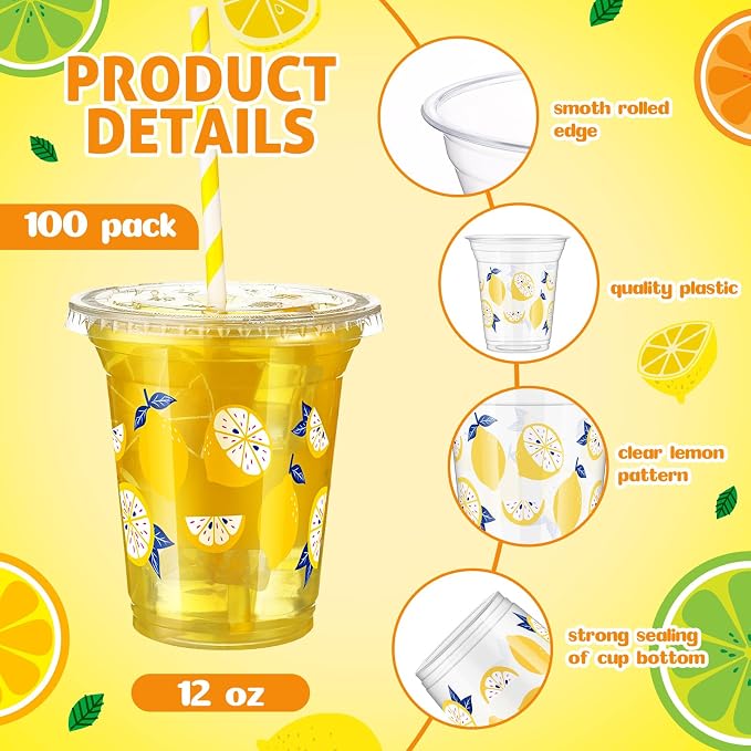 Umigy 100 Pack Plastic Disposable Cups with Lids and Straws 12 oz Disposable Cups for Juice Water Coffee Summer Party Sports Party Supplies (Lemon)