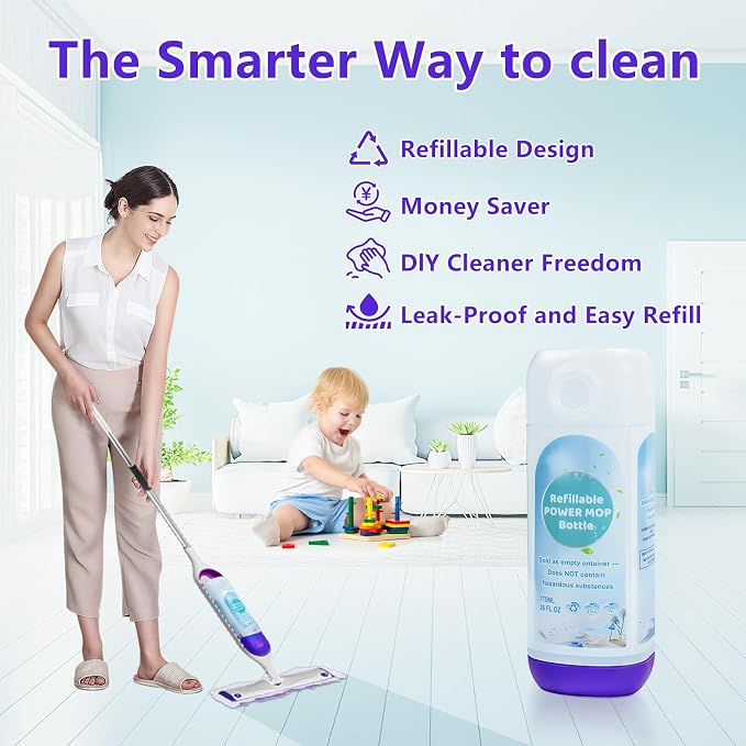 2 Pack Power Mop Refillable Bottle for Swiffer PowerMop, Empty Reusable Bottle for Power Mop, 26 FL OZ Leak-Proof HDPE Solution Container with 5 Silicone Gaskets & Folding Funnel